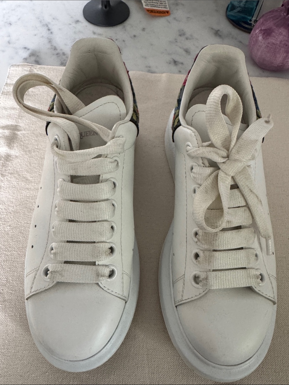 Alexander McQueen White Leather Low-Top Sneakers with Floral Heel Detail